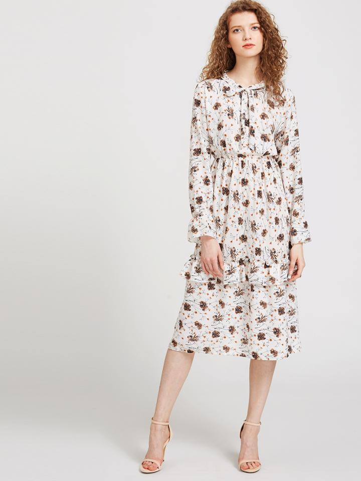 Romwe Floral Print Tie Neck Dress