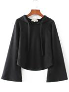 Romwe Black Bell Sleeve Drawstring Hooded Sweatshirt