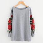 Romwe Plus Rose Patched Sleeve Sweatshirt