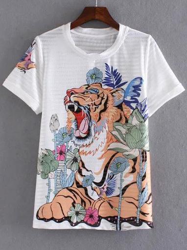 Romwe White Short Sleeve Hollow Tiger Print T-shirt
