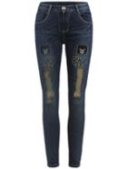 Romwe Bear Pattern Ripped Denim Pant