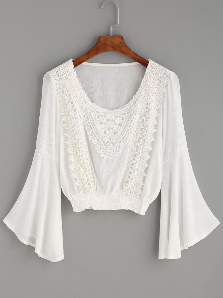 Romwe White Crochet Applique Bell Sleeve Top