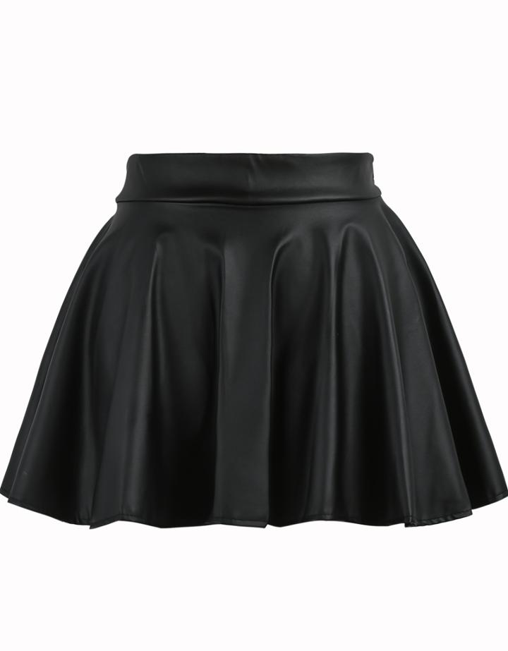 Romwe Pleated Flare Pu Black Skirt