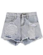 Romwe Ripped Pockets Denim Blue Shorts