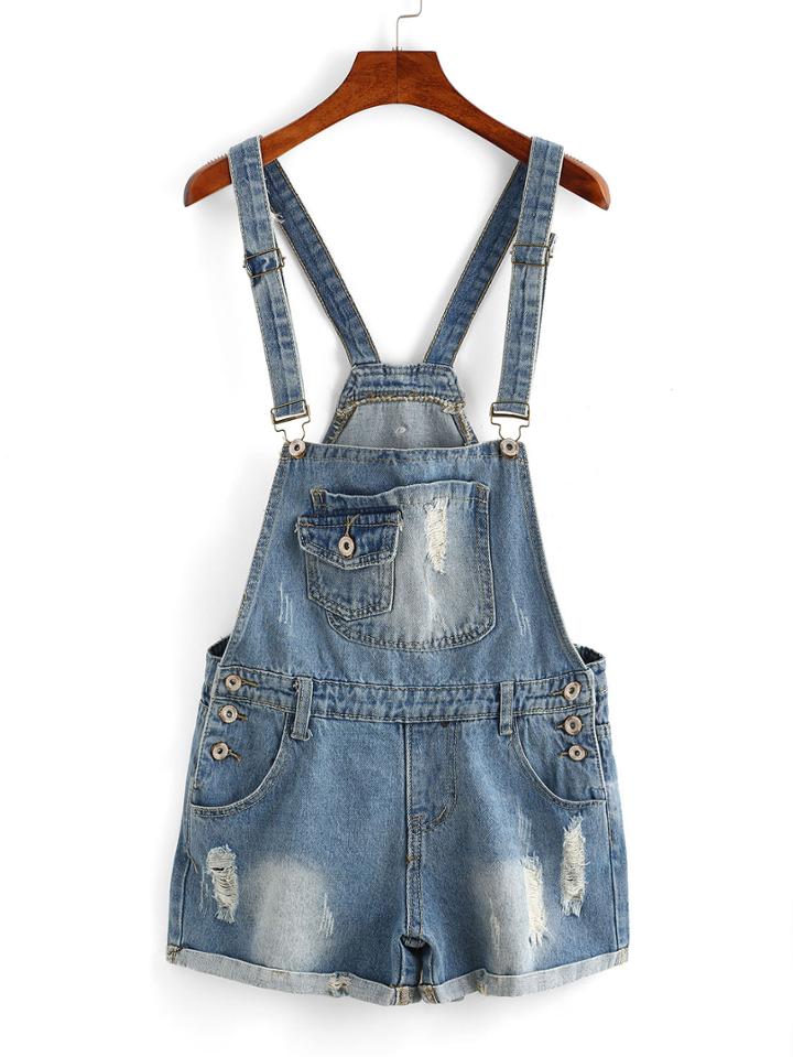 Romwe Frayed Rolled Hem Denim Pinafore Romper