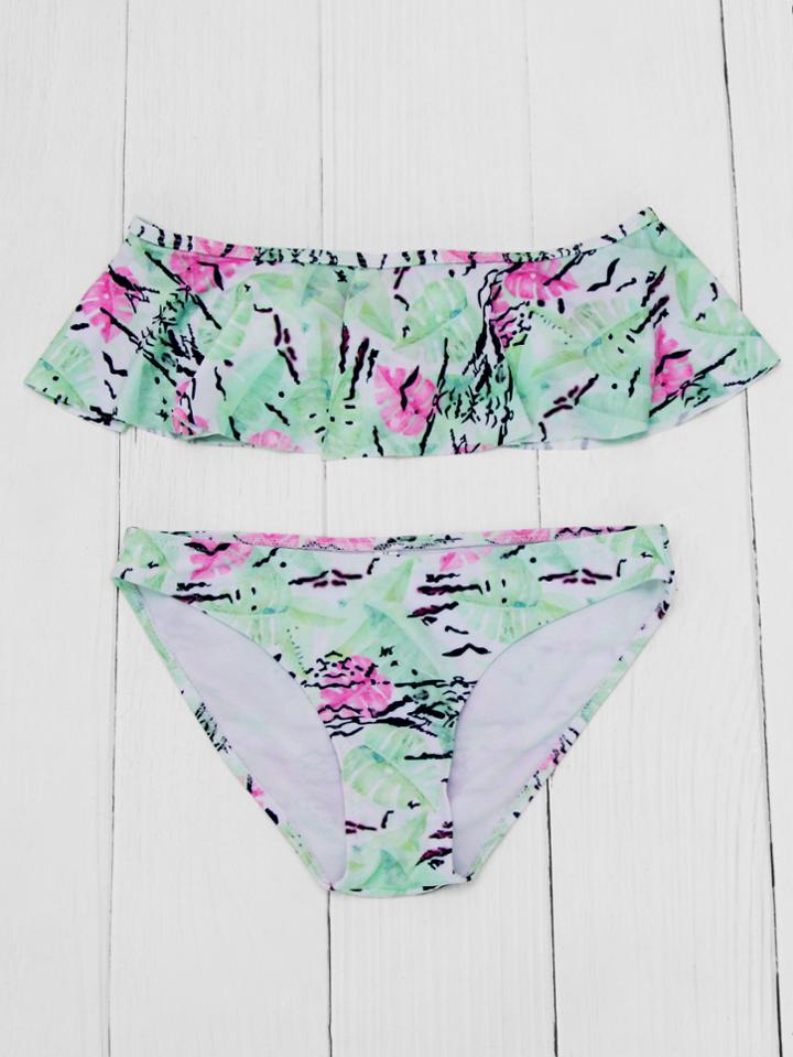 Romwe Graphic Print Flounce Bardot Bikini Set
