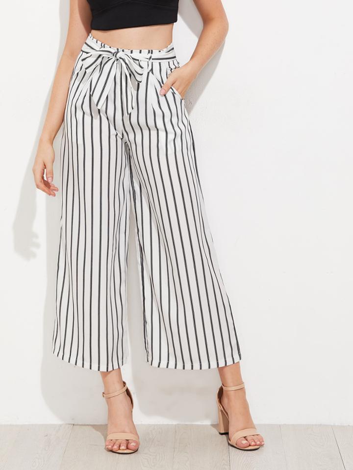 Romwe Vertical Striped Self Tie Wide Leg Pants