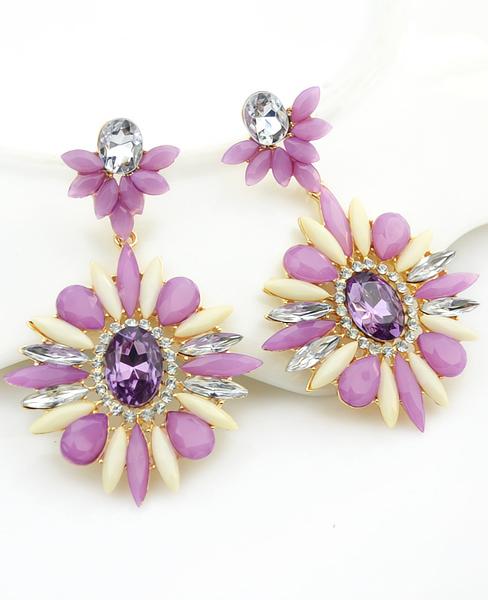 Romwe Purple Flower Gemstone Gold Earrings