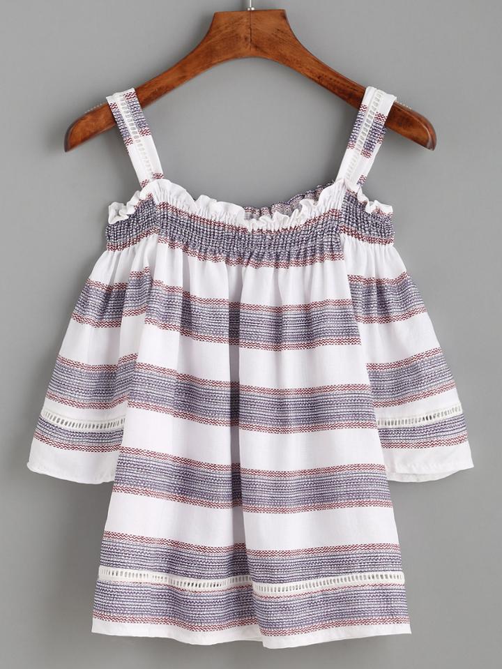 Romwe Multicolor Striped Smocked Cold Shoulder Top