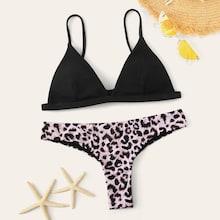 Romwe Triangle Top With Leopard Cheeky Bikini