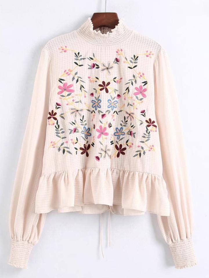 Romwe Shirred Neck Lace Up Back Peplum Blouse