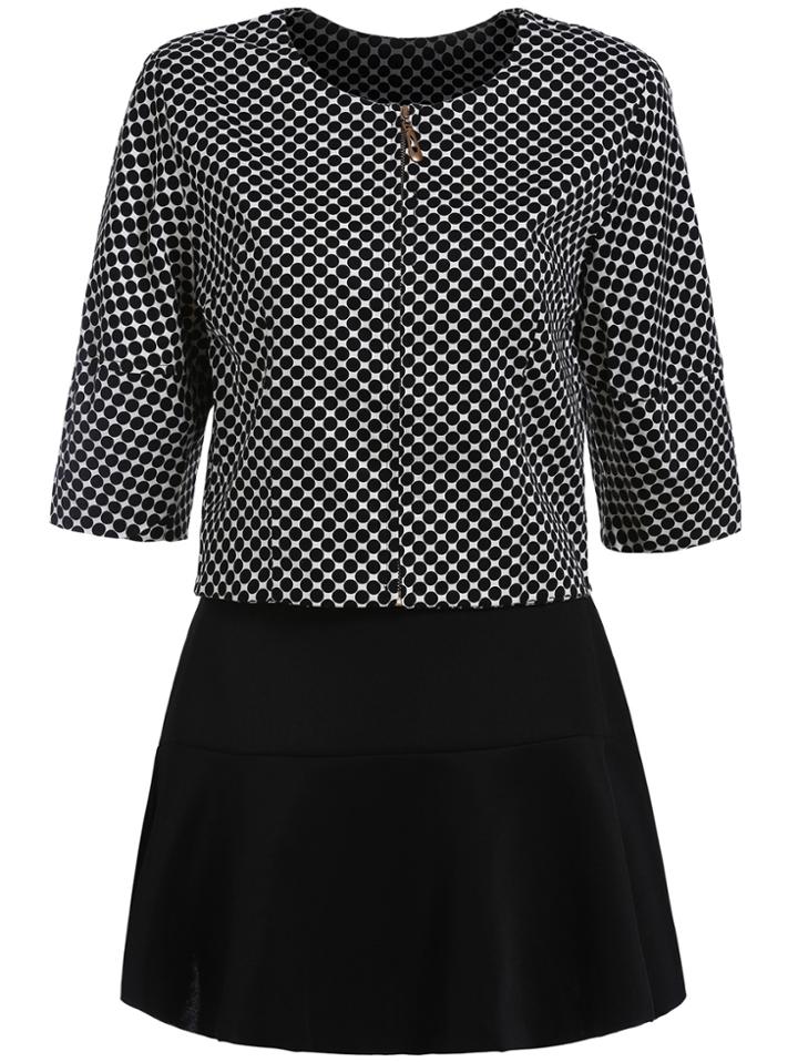 Romwe Short Sleeve Zipper Polka Dot Top With Skirt