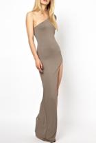 Romwe Oblique Shoulder Side Split Khaki Dress