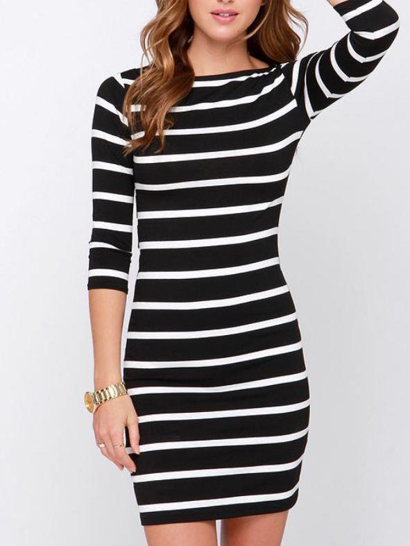Romwe Round Neck Striped Sheath Dress