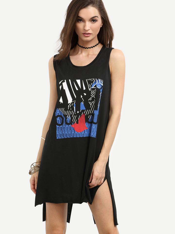 Romwe Black Print High Low Split Tank Dress