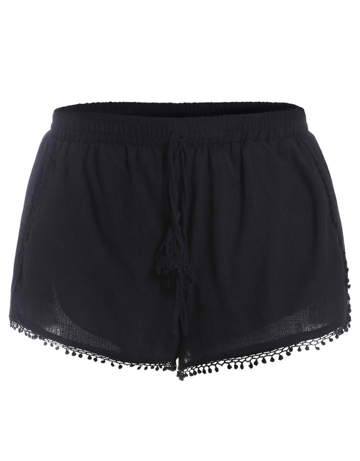 Romwe Drawstring With Tassel Black Shorts