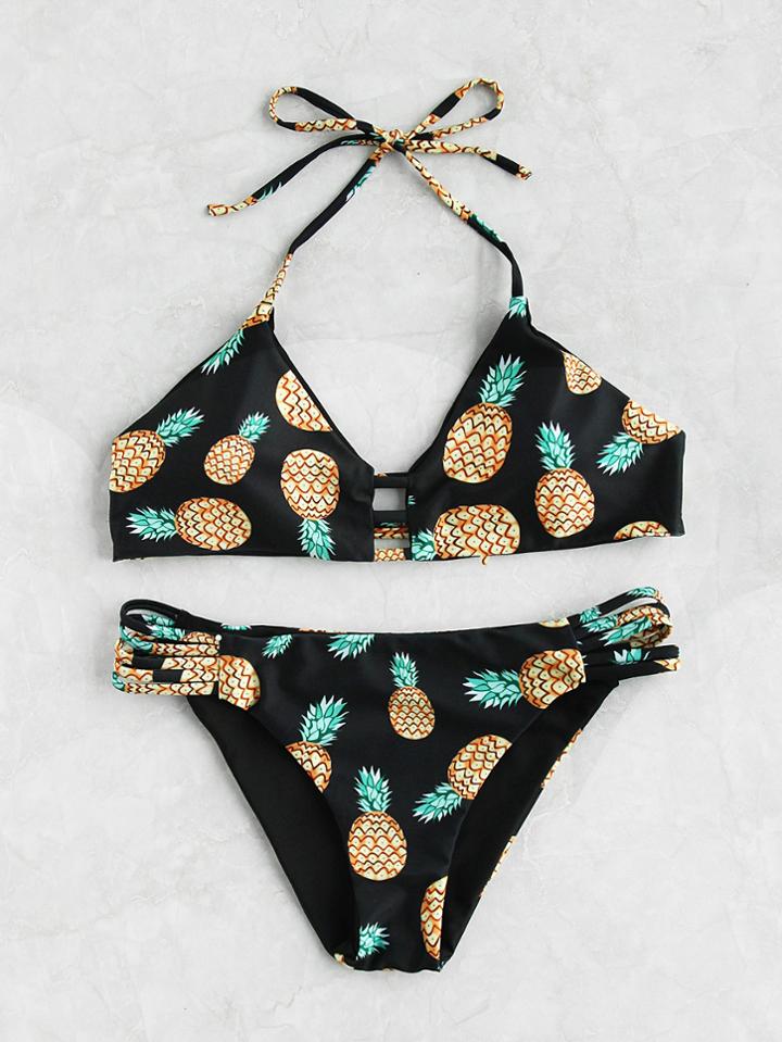 Romwe Allover Pineapple Print Ladder Cutout Bikini Set