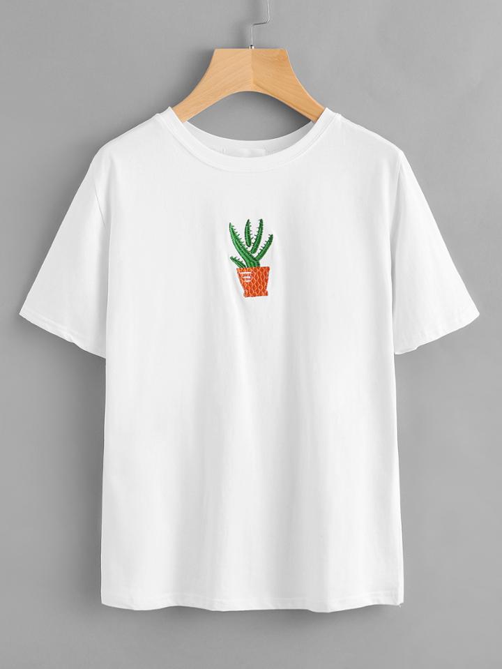 Romwe Cactaceae Embroidered T-shirt