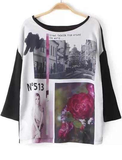 Romwe Black Round Neck Building Beauty Print T-shirt