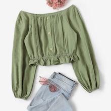 Romwe Off The Shoulder Ruffle Hem Crop Blouse