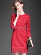 Romwe Red Round Neck Length Sleeve Tassel Dress