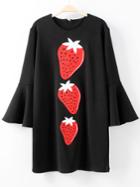 Romwe Black Bell Sleeve Zipper Back Strawberries Printed Dress