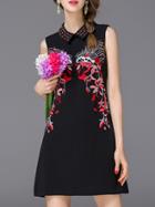 Romwe Black Lapel Embroidered Beading Dress