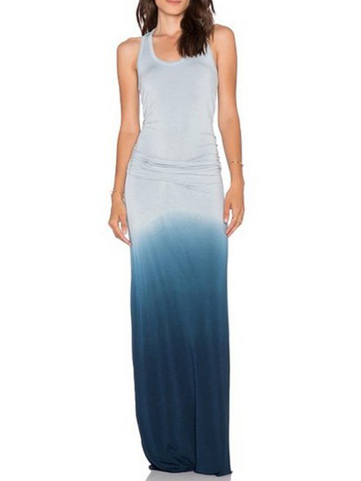 Romwe Contrast Ombre Ruched Racerback Maxi Tank Dress