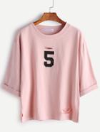 Romwe Pink Number Print Cuffed Sleeve T-shirt