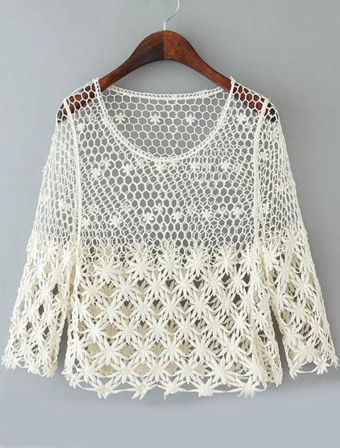 Romwe Floral Crochet Hollow Beige Blouse