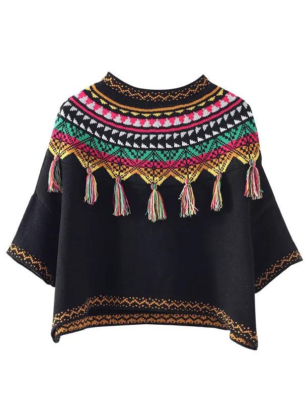 Romwe Black Tribal Print Fringe Detail Sweater