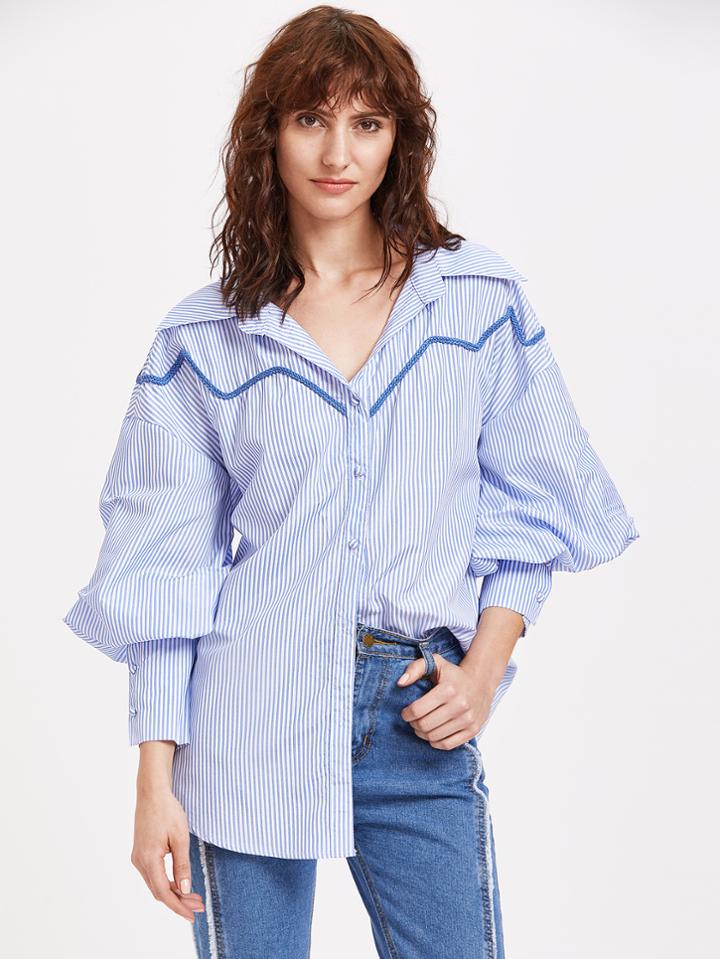Romwe Striped Lantern Sleeve Embroidered Tape Detail Blouse
