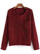 Romwe Round Neck Pocket Loose Red Sweater