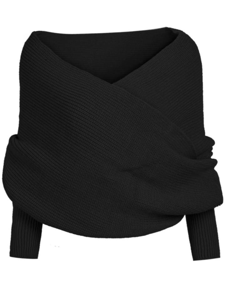 Romwe Off-shoulder Crop Knit Black Sweater