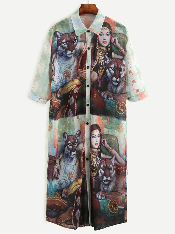 Romwe Multicolor Painting Print Chiffon Shirt Dress