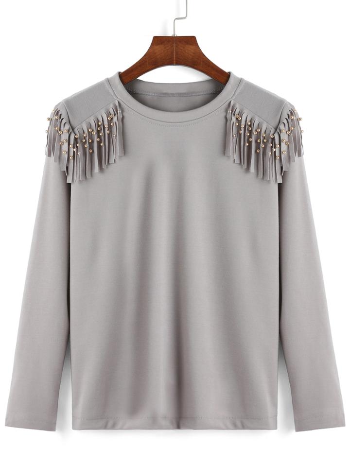 Romwe Long Sleeve Tassel Bead T-shirt