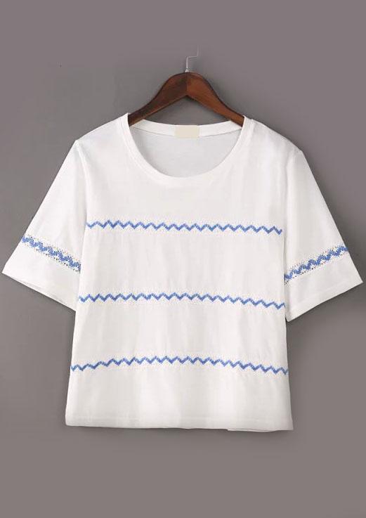 Romwe Embroidered Hollow White T-shirt
