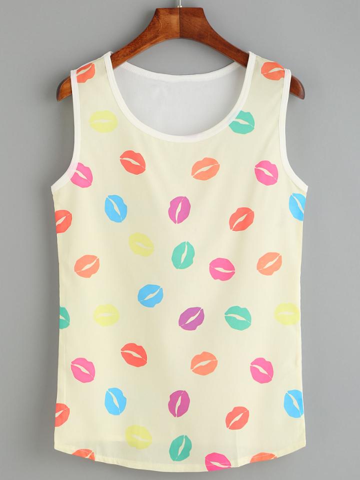 Romwe Yellow Lip Print Tank Top