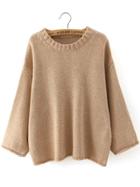 Romwe Round Neck Loose Khaki Sweater