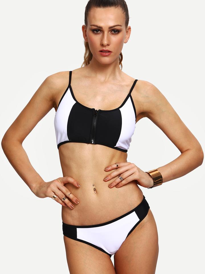 Romwe Contrast Zip Front Bikini Set