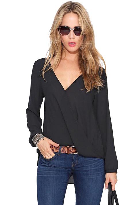 Romwe Black V Neck Long Sleeve Loose Blouse