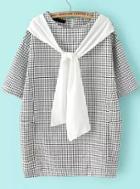 Romwe Round Neck With Pockets Plaid Grey Top