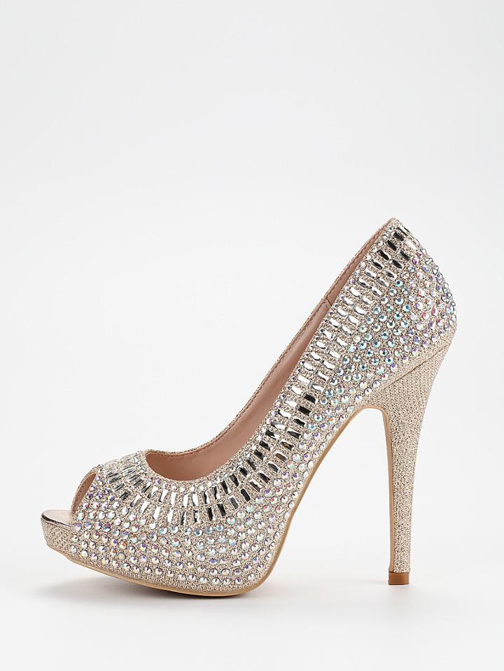 Romwe Gold Sequin Peep Toe Platform Pumps