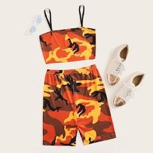 Romwe Camo Print Crop Cami Top With Shorts
