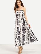 Romwe White Ladder-cutout Shirred Printed Long Bandeau Dress