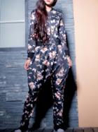 Romwe Floral Print Zipper Top With Pant