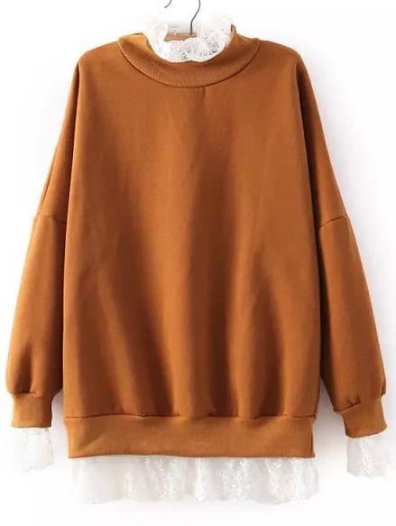 Romwe Khaki Lace Collar Peplum Hem Loose Sweatshirt