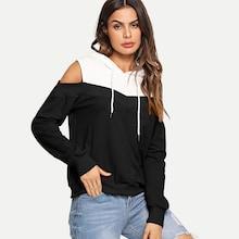 Romwe Cold Shoulder Drawstring Hoodie