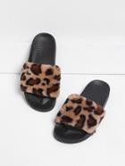 Romwe Leopard Faux Fur Flat Slippers