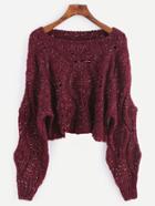 Romwe Burgundy Dropped Shoulder Seam Hollow Crop Sweater